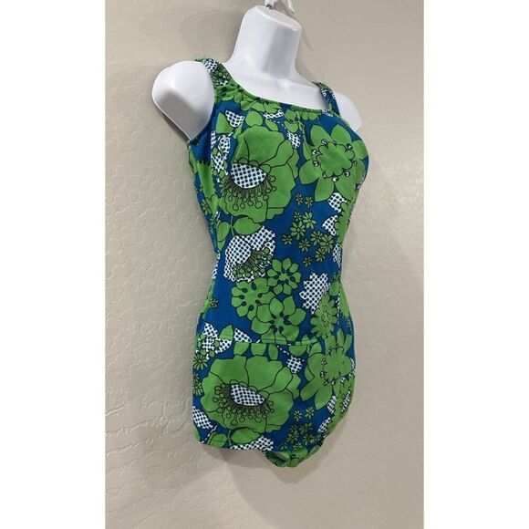 VTG 50s 60s GreenBlue Psychedelic Pinup Style Swimsuit Rockabilly Retro READ S/M - Picture 2 of 14
